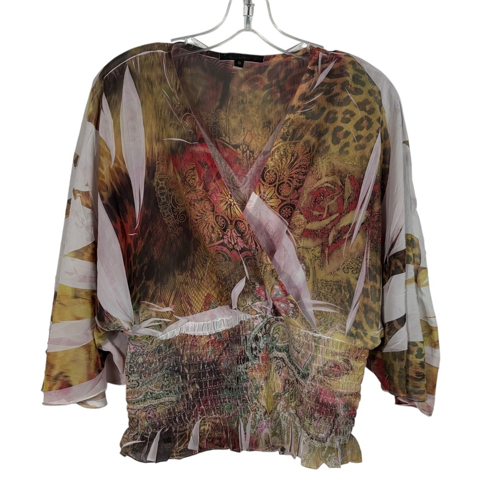 Simply Irresistible Y2K Poncho Smocked Grunge Dye Blouse Small S Fairy Leopard